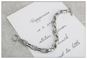 Unisex silver stainless steel rectangular link bracelet with classic T-bar OT clasp closure