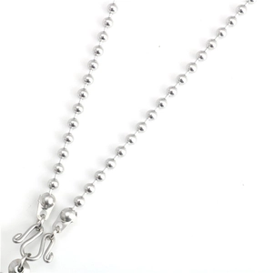 Polished stainless steel ball chain necklace with metal S-hook clasp on white background