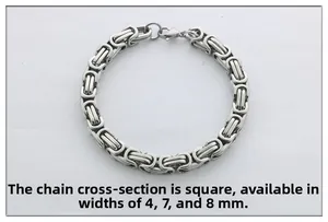 Detalle de la pulsera de cadena bizantina cuadrada en acero de titanio plateado con cierre