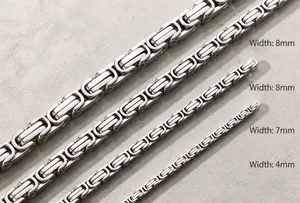 Pulseras bizantinas de acero de titanio con comparación de anchos de 8mm, 7mm y 4mm