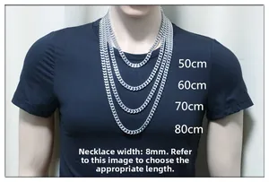 Size chart for 8mm wide silver Cuban chain necklace showing lengths from 50cm to 80cm