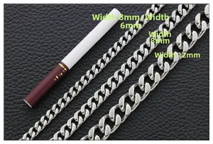 Comparison of 6mm, 8mm, and 12mm silver cuban link chains with cigarette for scale