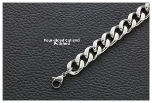 Detailed macro view of 4-sided cutting and polished silver cuban chain link necklace