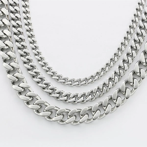 Polished silver stainless steel Cuban link chains in four widths for men's punk street style