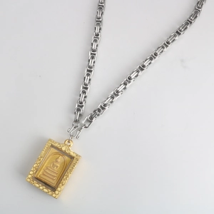 Byzantine chain necklace with golden rectangular Buddha pendant in stainless steel