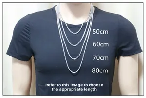 Size guide showing titanium steel chain lengths 50cm to 80cm on a model neck