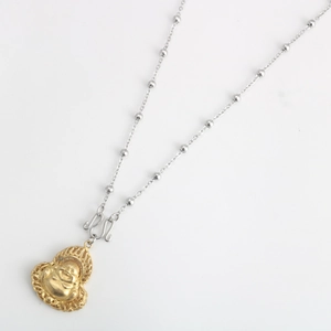 Golden Laughing Buddha pendant with silver stainless steel beaded chain necklace