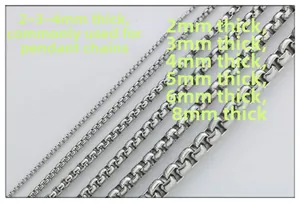 Comparison of silver stainless steel box chains showing widths from 2mm to 8mm for pendants