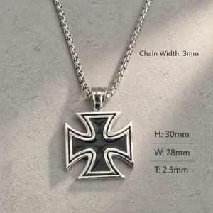 Pendentif croix vintage en acier inoxydable avec émail noir et dimensions de la chaîne