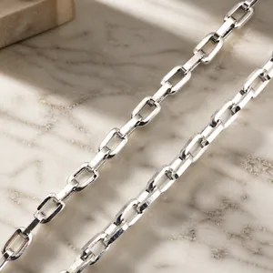 Polished stainless steel rectangle link chain necklace with 7mm width in silver finish