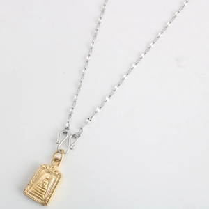 Buddhist Buddha pendant necklace with gold frame and silver stainless steel chain link
