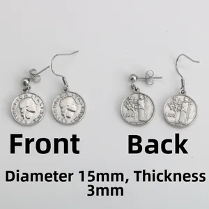 Detailed close-up showing 15mm diameter and 3mm thickness of embossed coin earrings