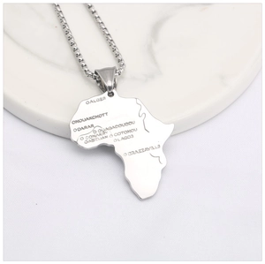 Polished stainless steel Africa map pendant necklace with city engravings on a box chain