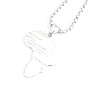 Polished stainless steel Africa map pendant necklace featuring etched city names for men and women