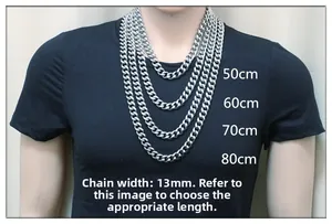Guida alle taglie per collana a catena in acciaio da 13mm con lunghezze da 50cm a 80cm
