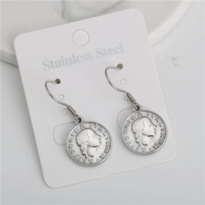 Vintage Stainless Steel Relief Coin Stud Earrings Baroque Queen Portrait Drop Earrings For Women Fashion Jewelry Elegant Gift