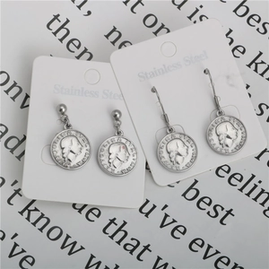 Vintage stainless steel Italian coin earrings with Queen portrait relief for women