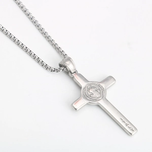 Vintage stainless steel St. Benedict cross pendant with box chain in silver finish
