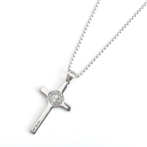 Vintage stainless steel St. Benedict cross pendant necklace with round medallion detail