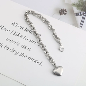 Bracelet Minimaliste avec Pendentif Cœur en Acier Inoxydable pour Femmes Hommes Bracelet à Grosses Mailles Argent Bijoux Mode