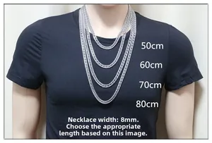 Size chart showing 8mm titanium steel curb chain necklace lengths from 50cm to 80cm