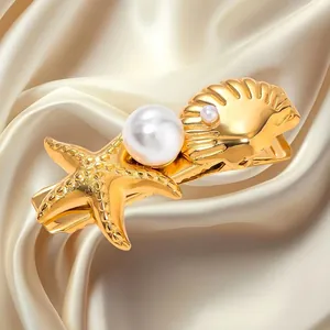 Ocean Starfish Shell Artificial Pearl Stainless Steel Hair Clip Gold Fashion Ins Style Hair Accessory For Women Beach Vacation