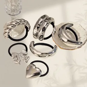 Minimalist Stainless Steel Hair Scrunchie For Women Silver Metal Geometric Bow Heart Ponytail Holder Elastic Hair Ring