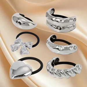 Set of 6 minimalist silver stainless steel hair ties with geometric metal charms