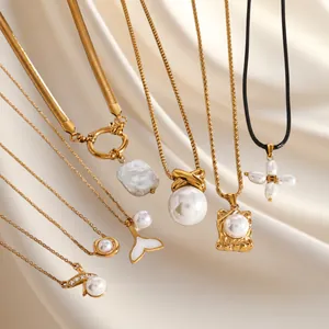 Collana con Ciondolo a Perla Artificiale in Acciaio Inossidabile Vintage Francese per Donna Gioielli con Catena a Clavicola con Strass Placcati in Oro