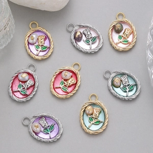 Vintage Emaille Rose Blume Anhänger Mit Natürliche Barockperle Kupfer 14K Vergoldet Relief Floral Charm Für DIY Schmuckherstellung