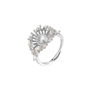 Adjustable S925 silver ring with fan-shaped zircon stones and central round mount base