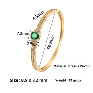 Vintage emerald zircon bangle in 18K gold plated brass with micro-paved crystal accents