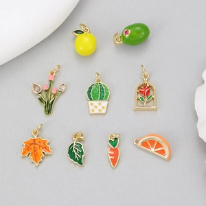 Brass Enamel Fruit Plant Charms For Jewelry Making DIY Carrot Cactus Orange Lemon Rose Leaf Pendant Jewelry Findings
