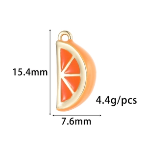 Orange slice enamel pendant with gold edges and size specs, 15.4mm by 7.6mm dimensions