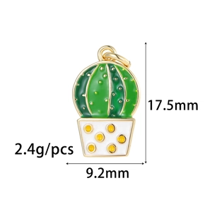 Golden cactus oil drop pendant with green enamel and 17.5mm x 9.2mm size specs