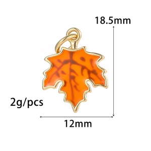 Orange maple leaf charm showing 18.5mm by 12mm dimensions and 2g weight details