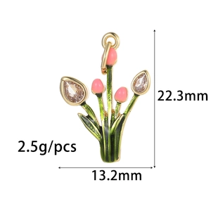 Pink tulip flower pendant with pink enamel and green leaves in 22.3mm height