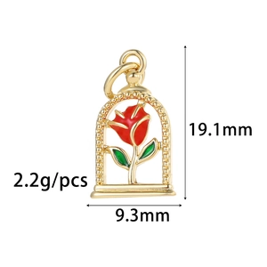 Detail showing dimensions of the gold rose pendant with red enamel and green leaves