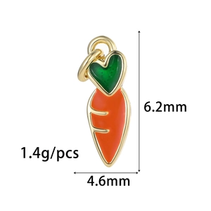 Macro shot of colorful carrot jewelry pendant with green heart top and size specs