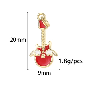 Red enamel electric guitar pendant with wings in 14K gold plated copper for DIY jewelry