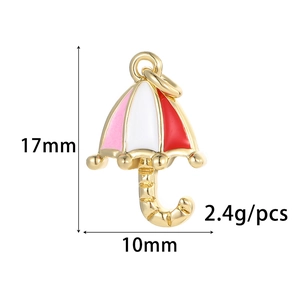 Detail view of 14K gold plated umbrella charm with colorful enamel and dimensions