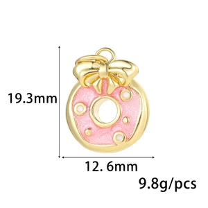 Gold-plated pink enamel bow donut pendant with size specs and weight details