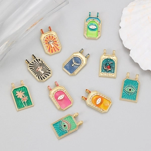 Vintage 14K Verguld Messing Emaille Tarotkaart Hangers Rechthoekig Boze Oog Paddenstoel Vogel Bedels Voor Ketting Sieraden Maken