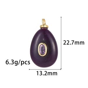 Pendentif goutte en pierre violette avec zircon et bélière dorée, 22,7mm x 13,2mm