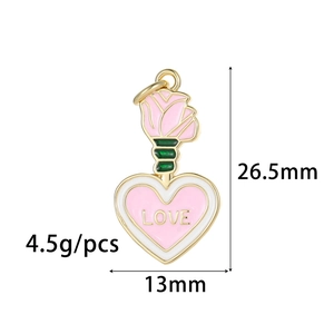 Pendentif cœur rose avec rose et gravure LOVE pour bijoux DIY colliers et bracelets