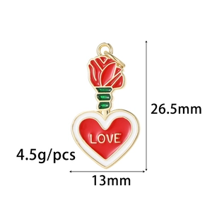 Pendentif coeur et rose romantique avec texte LOVE doré pour création de bijoux
