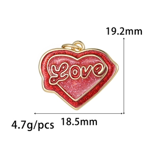 Pendentif cœur pailleté rouge avec gravure Love dorée pour création de bijoux DIY