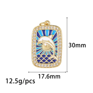 Rectangular golden dolphin tarot charm necklace with blue drip oil enamel and zircon