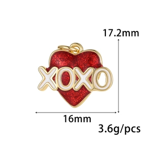 XOXO red heart pendant with glitter finish and gold border, 17.2x16mm jewelry charm