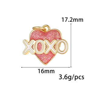 Red glitter heart pendant with gold-plated XOXO enamel lettering and size dimensions